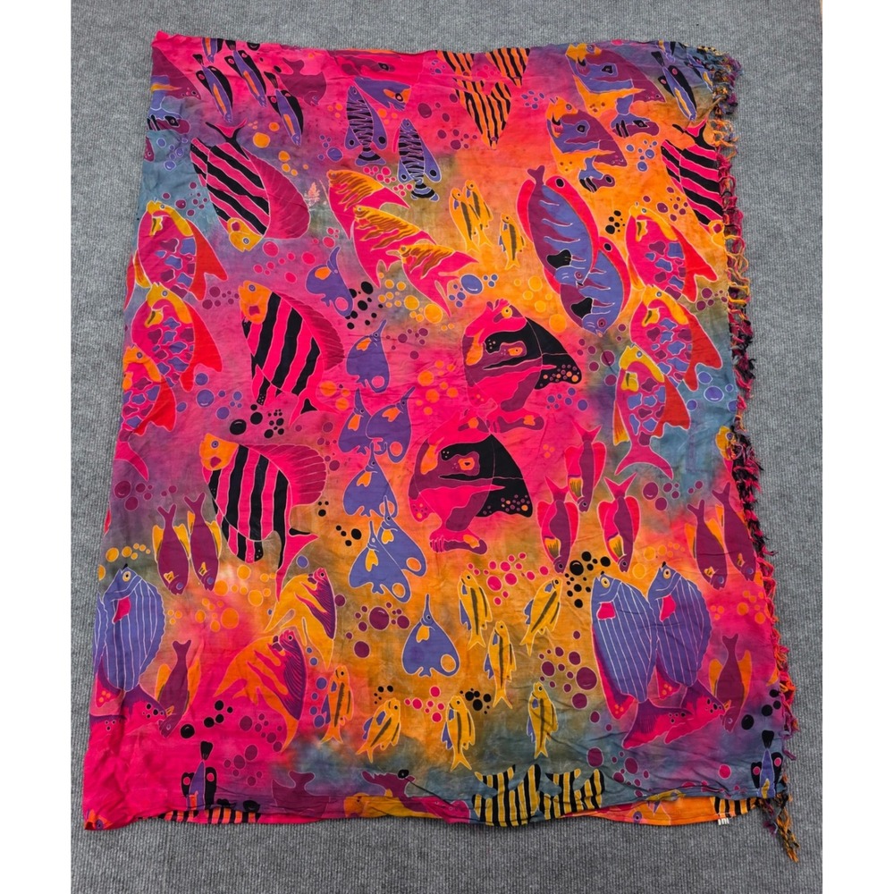 Casual Movements Neon Tropical Fish Sarong Wrap Rayon Fringed Beach Coverup